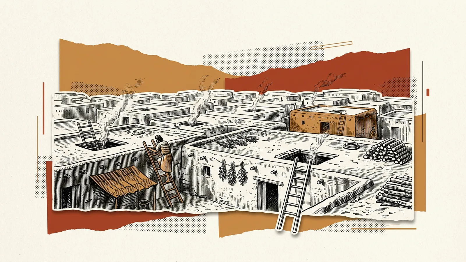 Engraved cutout of a Neolithic town of flat packed rooftops, ladders standing in open roof hatches